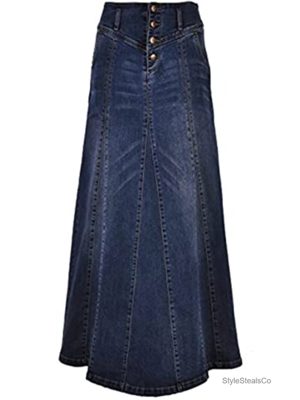 High Rise Distressed Denim A-Line Maxi Skirt Swing